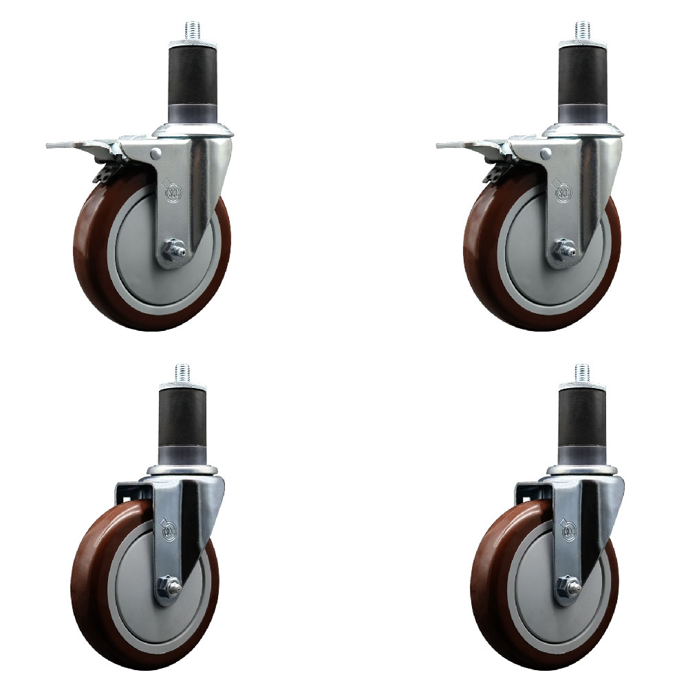 Stainless Steel Polyurethane Swivel Expanding Stem Caster Set of 4 with 5 Inch Maroon Wheels and 1-5/8" Stems - Includes 2 with Total Locking Brakes - 1400 lbs Total Capacity - Service Caster Brand — photo 1
