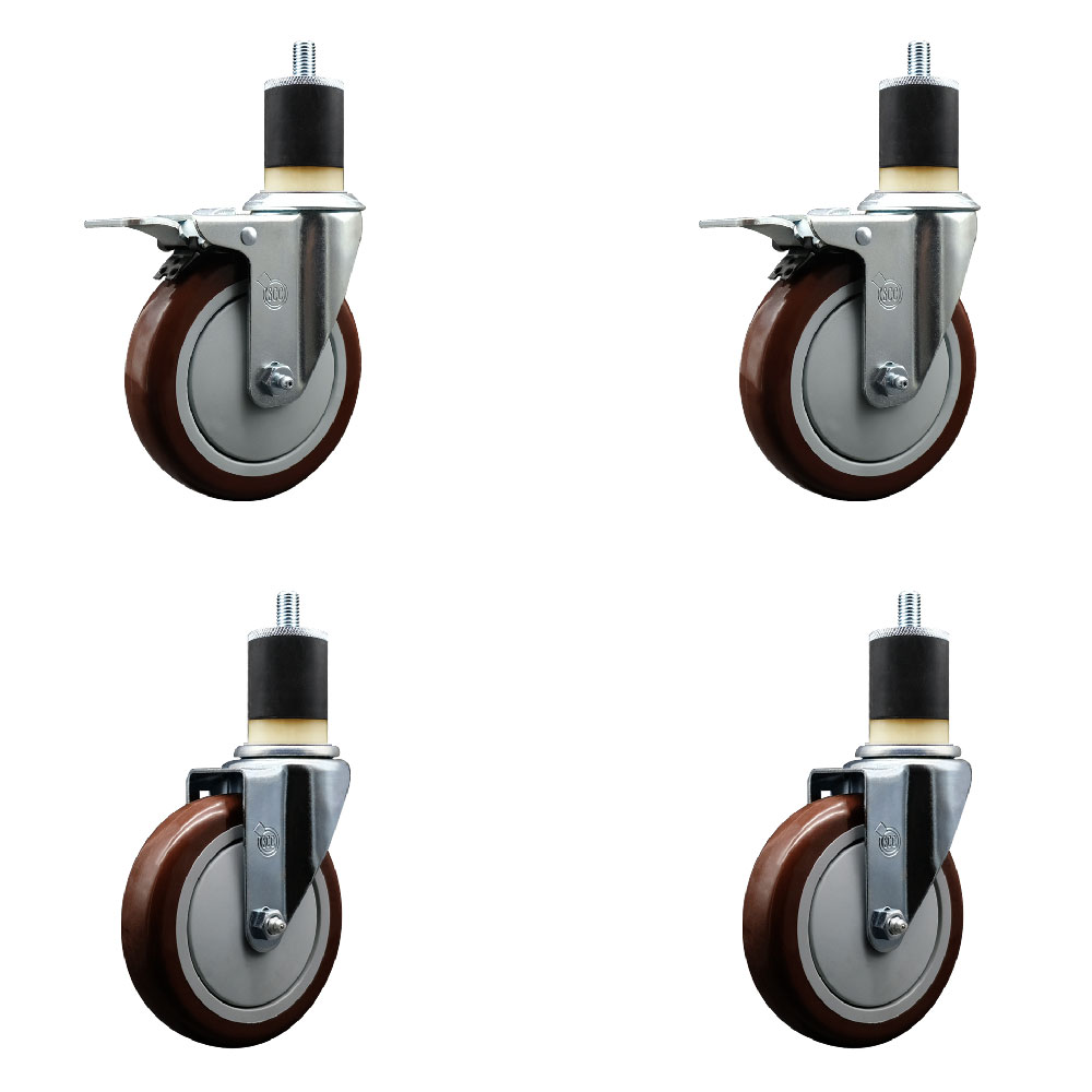 Stainless Steel Polyurethane Swivel Expanding Stem Caster Set of 4 with 5 Inch Maroon Wheels and 1-7/8" Stems - Includes 2 with Total Locking Brakes - 1400 lbs Total Capacity - Service Caster Brand — photo 1