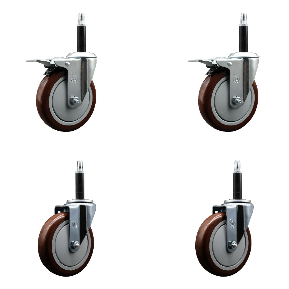 Stainless Steel Polyurethane Swivel Expanding Stem Caster Set of 4 with 5 Inch Maroon Wheels and 3/4" Stems - Includes 2 with Total Locking Brakes - 1400 lbs Total Capacity - Service Caster Brand — photo 1