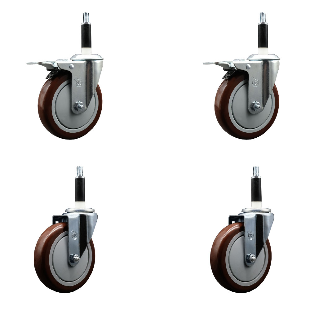 Polyurethane Swivel Expanding Stem Caster Set of 4 with 5 Inch Maroon Wheels and 7/8" Stems - Includes 2 with Total Locking Brakes - 1400 lbs Total Capacity - Service Caster Brand — photo 1