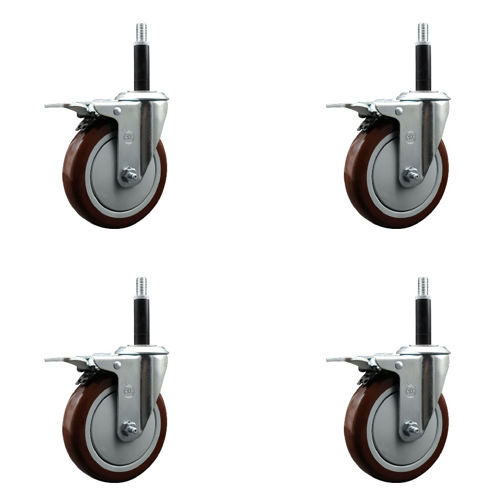 Stainless Steel Polyurethane Swivel Expanding Stem Caster Set of 4 with 5 Inch Maroon Wheels and 3/4" Stems - 4 Swivel with Total Locking Brakes - 350 lbs. Capacity Per Caster - Service Caster Brand — photo 1