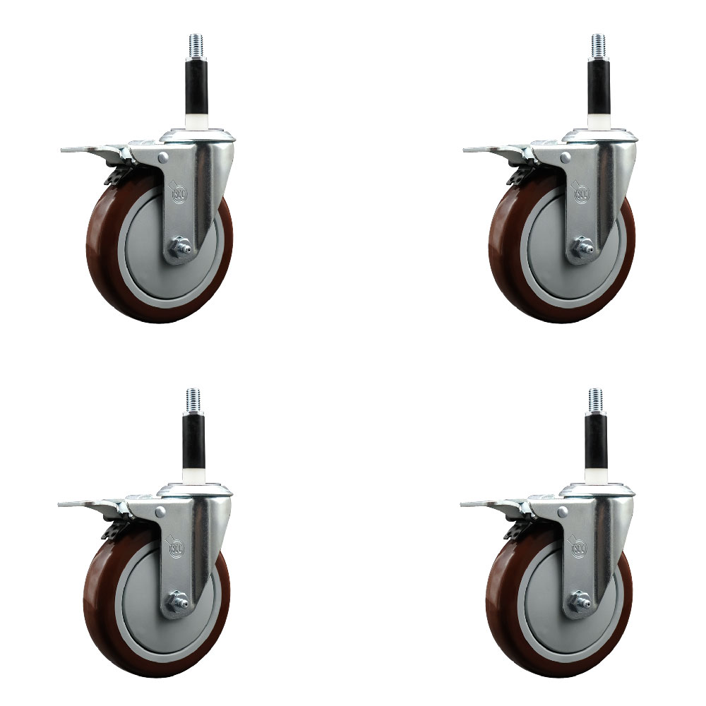 Stainless Steel Polyurethane Swivel Expanding Stem Caster Set of 4 with 5 Inch Maroon Wheels and 7/8" Stems - 4 Swivel with Total Locking Brakes - 350 lbs. Capacity Per Caster - Service Caster Brand — photo 1