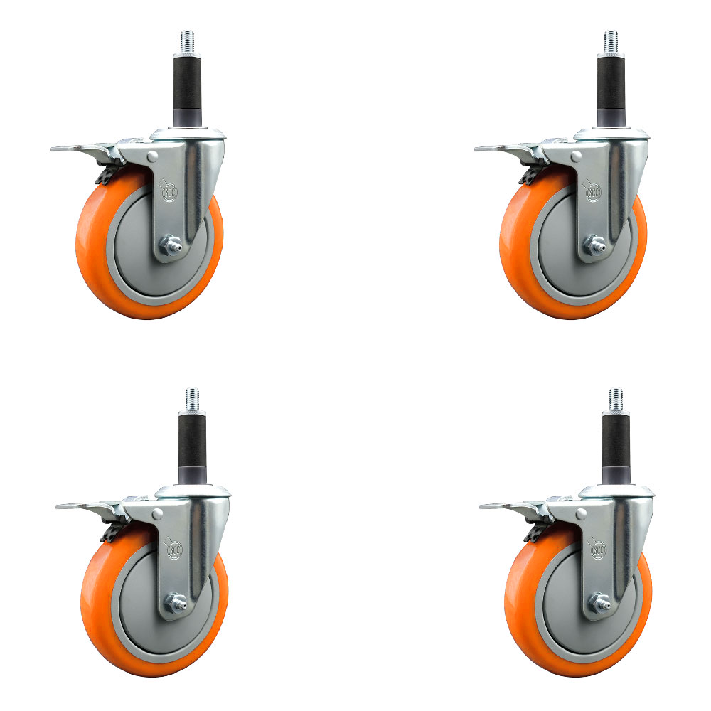 Polyurethane Swivel Expanding Stem Caster Set of 4 with 5 Inch Orange Wheels and 1" Stems - Includes 4 Swivel with Total Locking Brakes - 350 lbs. Capacity Per Caster - Service Caster Brand — photo 1