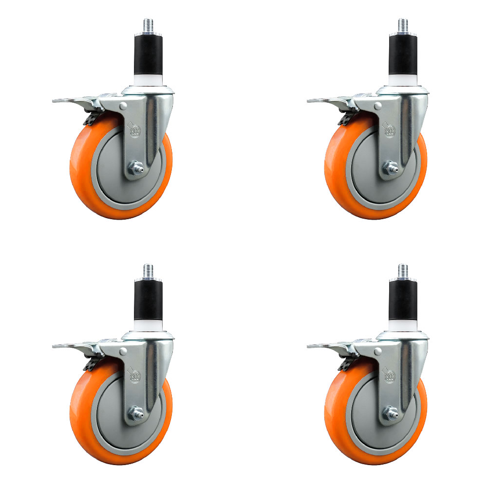 Stainless Steel Polyurethane Swivel Expanding Stem Caster Set of 4 with 5 Inch Orange Wheels and 1-1/2" Stems-Include 4 Swivel with Total Locking Brake-350lbs. Capacity Per Caster-Service Caster Brand — photo 1