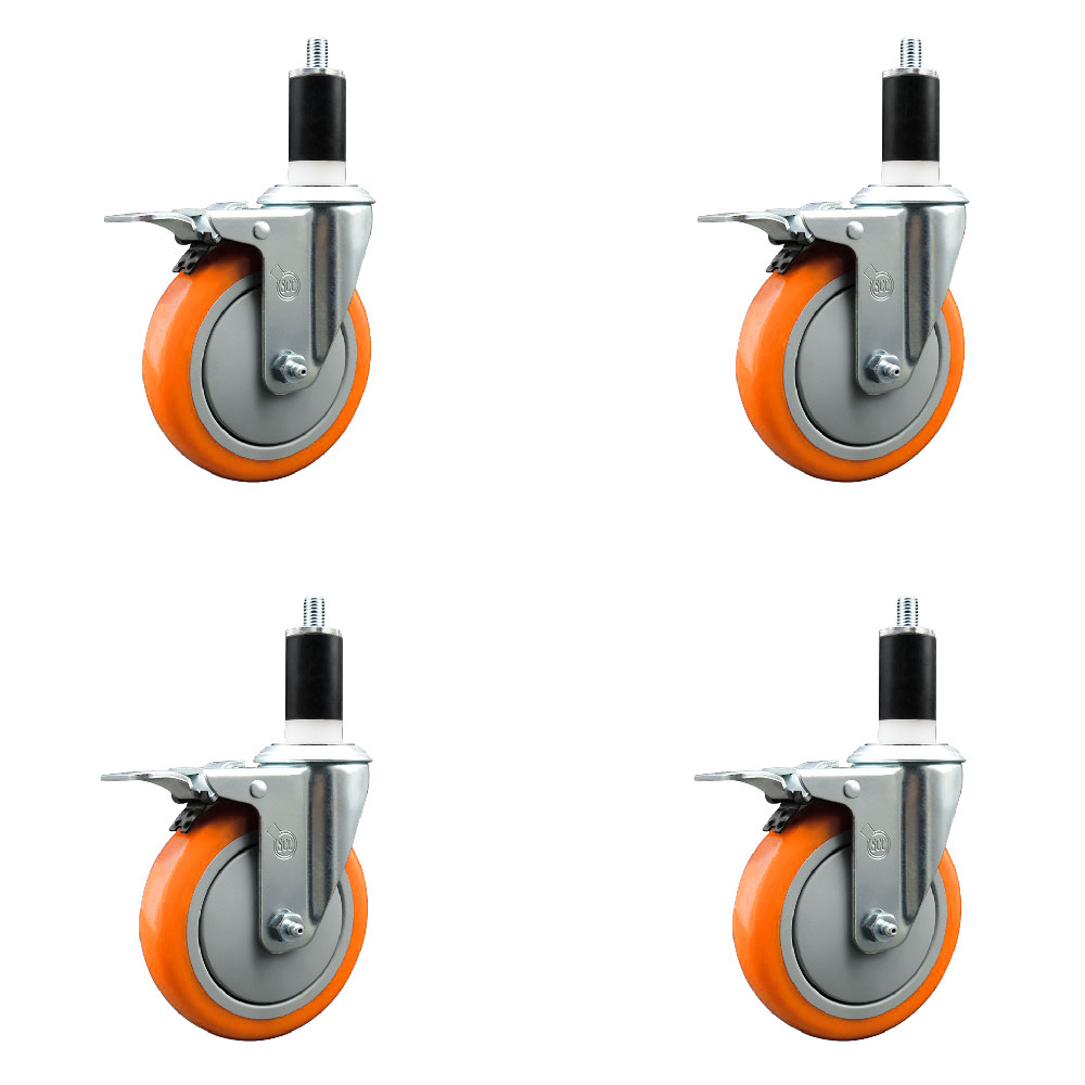 Polyurethane Swivel Expanding Stem Caster Set of 4 with 5 Inch Orange Wheels and 1-3/8" Stems - Includes 4 Swivel with Total Locking Brakes - 350 lbs. Capacity Per Caster - Service Caster Brand — photo 1