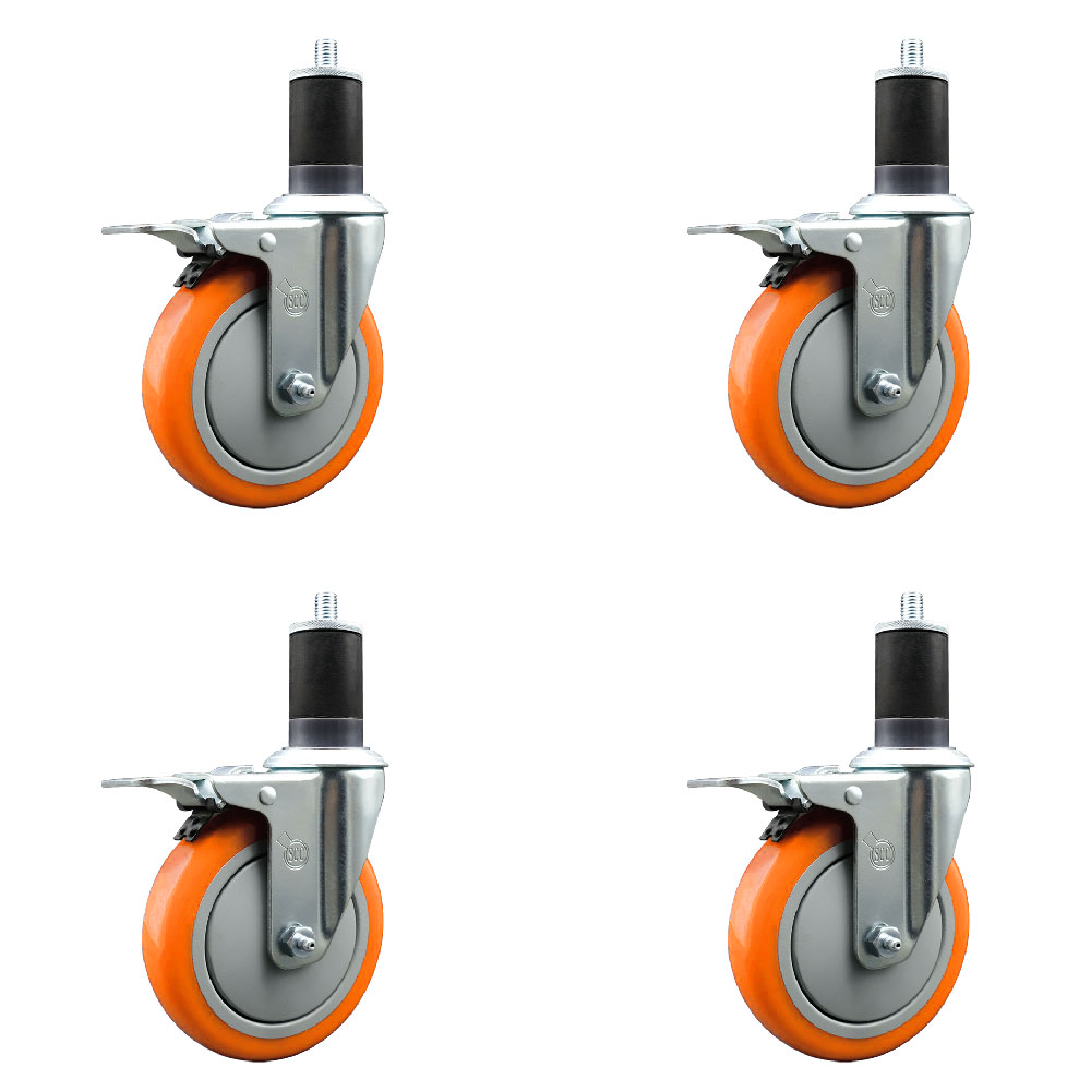 Polyurethane Swivel Expanding Stem Caster Set of 4 with 5 Inch Orange Wheels and 1-5/8" Stems - Includes 4 Swivel with Total Locking Brakes - 350 lbs. Capacity Per Caster - Service Caster Brand — photo 1