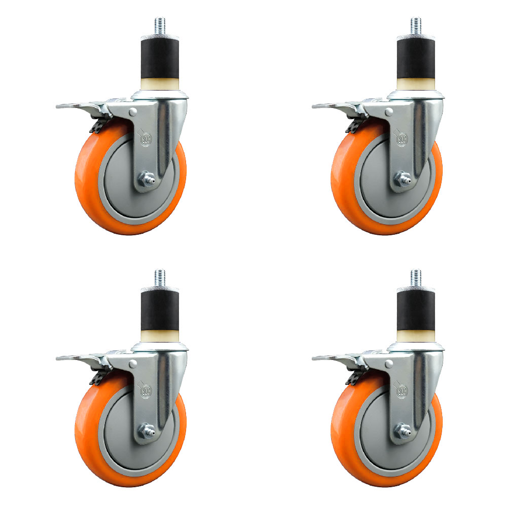 Polyurethane Swivel Expanding Stem Caster Set of 4 with 5 Inch Orange Wheels and 1-7/8" Stems - Includes 4 Swivel with Total Locking Brakes - 350 lbs. Capacity Per Caster - Service Caster Brand — photo 1