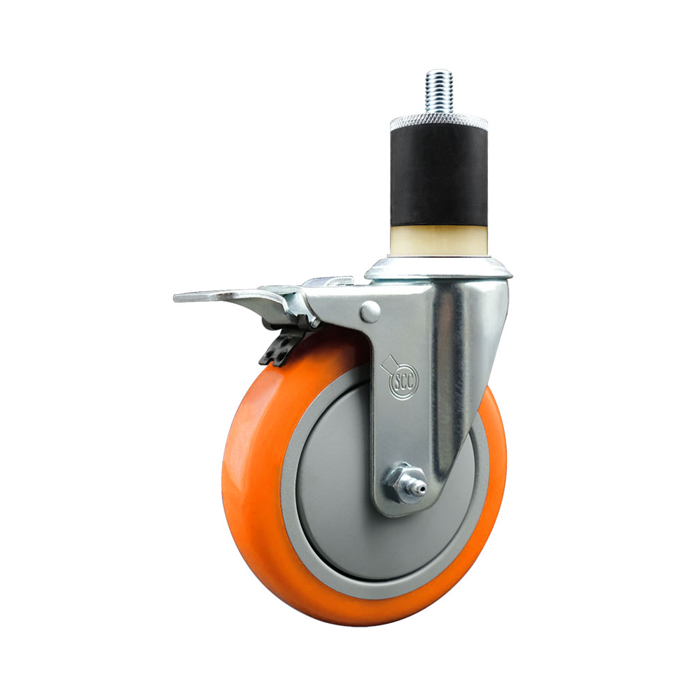Stainless Steel Polyurethane Expanding Stem Swivel Caster with 5 Inch Orange Wheel and 1-7/8" Stem & Total Locking Brake - 350 lbs. Capacity Per Caster - Service Caster Brand — photo 1