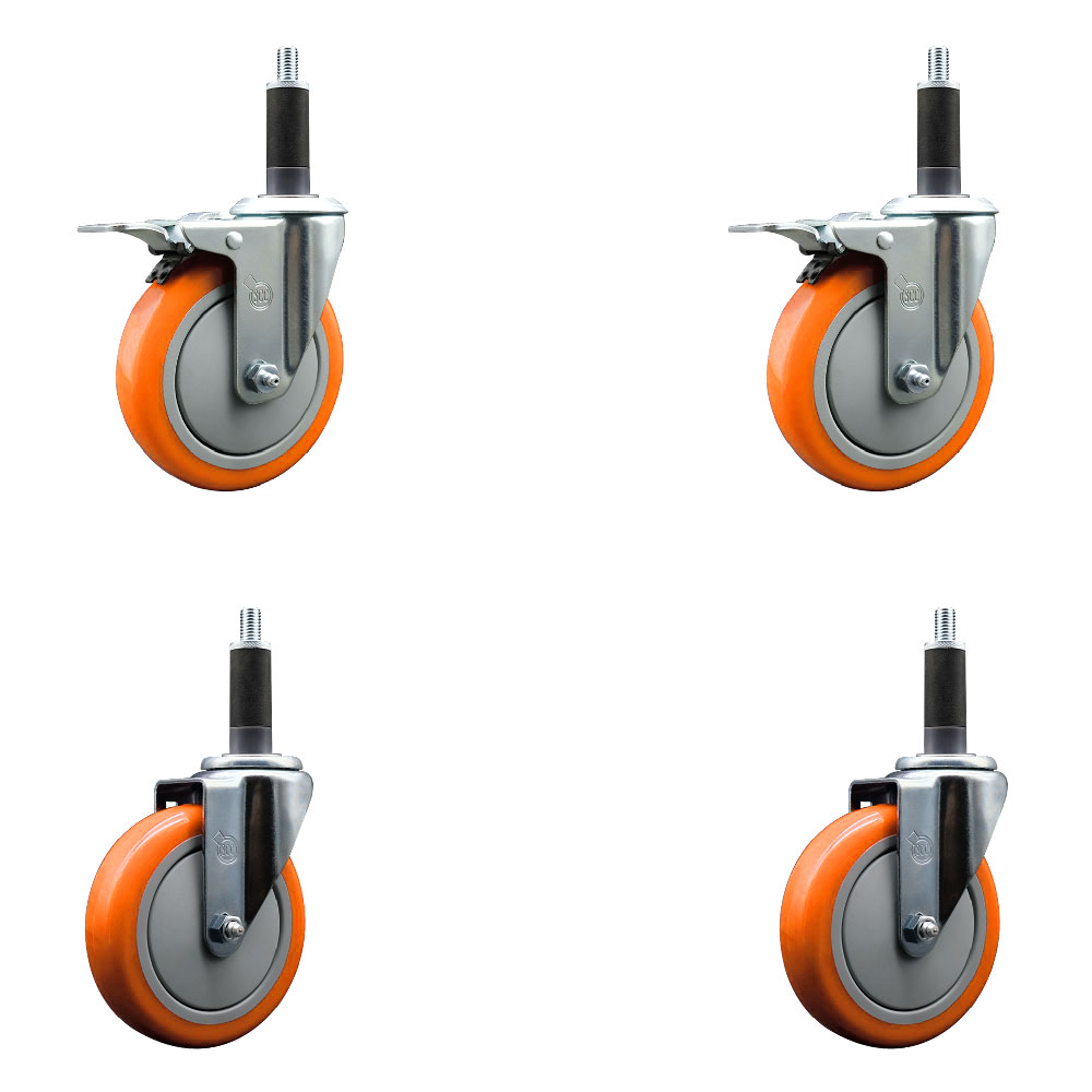 Polyurethane Swivel Expanding Stem Caster Set of 4 with 5 Inch Orange Wheels and 1" Stems - Includes 2 with Total Locking Brakes - 1400 lbs Total Capacity - Service Caster Brand — photo 1