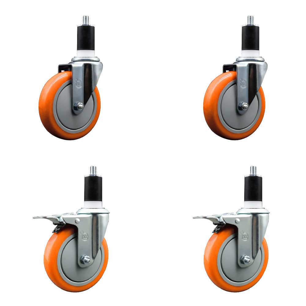 Polyurethane Swivel Expanding Stem Caster Set of 4 with 5 Inch Orange Wheels and 1-1/2" Stems - Includes 2 with Total Locking Brakes - 1400 lbs Total Capacity - Service Caster Brand — photo 1