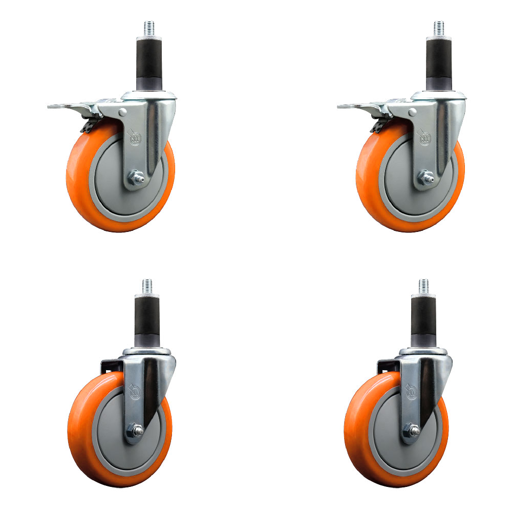 Stainless Steel Polyurethane Swivel Expanding Stem Caster Set of 4 with 5 Inch Orange Wheels and 1-1/4" Stems - Includes 2 with Total Locking Brakes - 1400 lbs Total Capacity - Service Caster Brand — photo 1