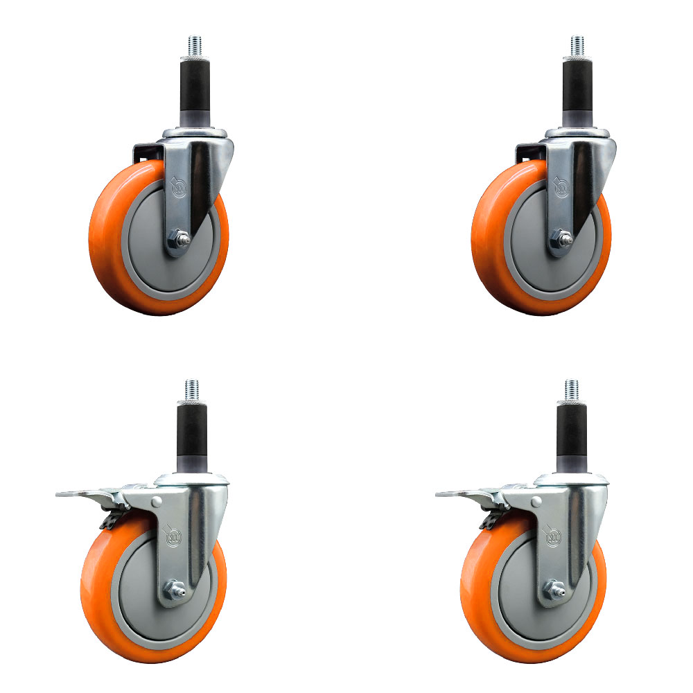 Polyurethane Swivel Expanding Stem Caster Set of 4 with 5 Inch Orange Wheels and 1-1/8" Stems - Includes 2 with Total Locking Brakes - 1400 lbs Total Capacity - Service Caster Brand — photo 1
