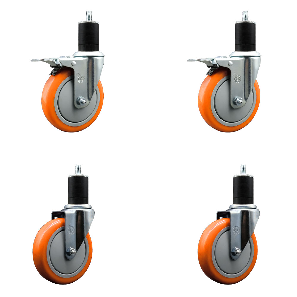 Polyurethane Swivel Expanding Stem Caster Set of 4 with 5 Inch Orange Wheels and 1-3/4" Stems - Includes 2 with Total Locking Brakes - 1400 lbs Total Capacity - Service Caster Brand — photo 1