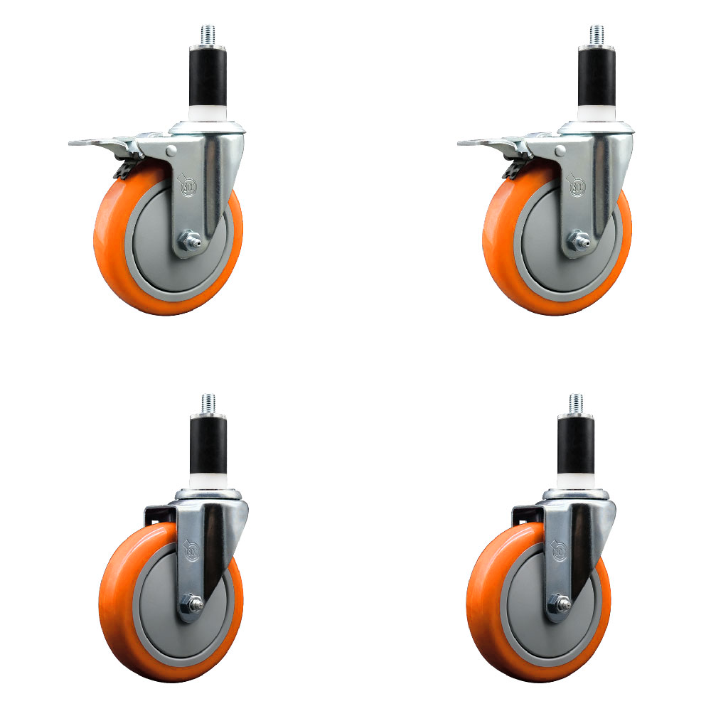 Polyurethane Swivel Expanding Stem Caster Set of 4 with 5 Inch Orange Wheels and 1-3/8" Stems - Includes 2 with Total Locking Brakes - 1400 lbs Total Capacity - Service Caster Brand — photo 1