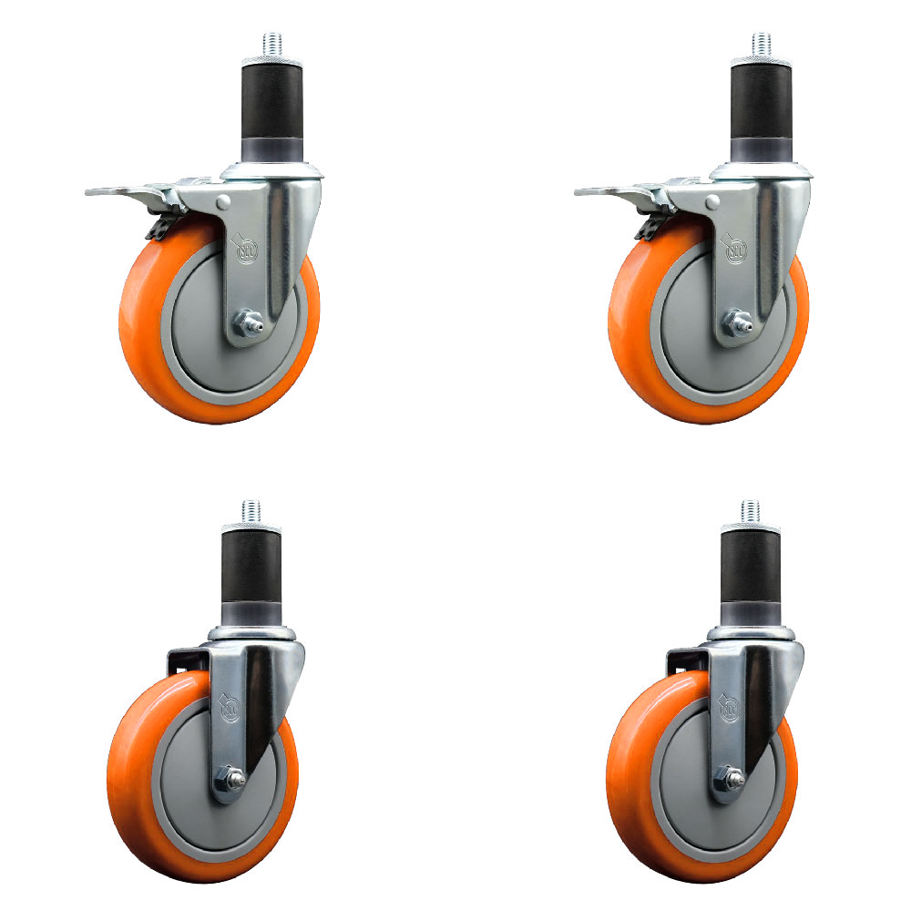 Polyurethane Swivel Expanding Stem Caster Set of 4 with 5 Inch Orange Wheels and 1-5/8" Stems - Includes 2 with Total Locking Brakes - 1400 lbs Total Capacity - Service Caster Brand — photo 1
