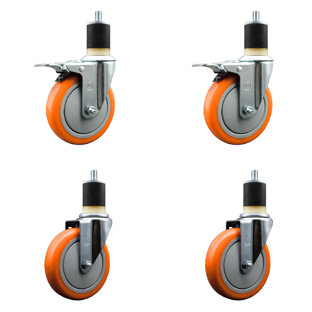 Stainless Steel Polyurethane Swivel Expanding Stem Caster Set of 4 with 5 Inch Orange Wheels and 1-7/8" Stems - Includes 2 with Total Locking Brakes - 1400 lbs Total Capacity - Service Caster Brand — photo 1