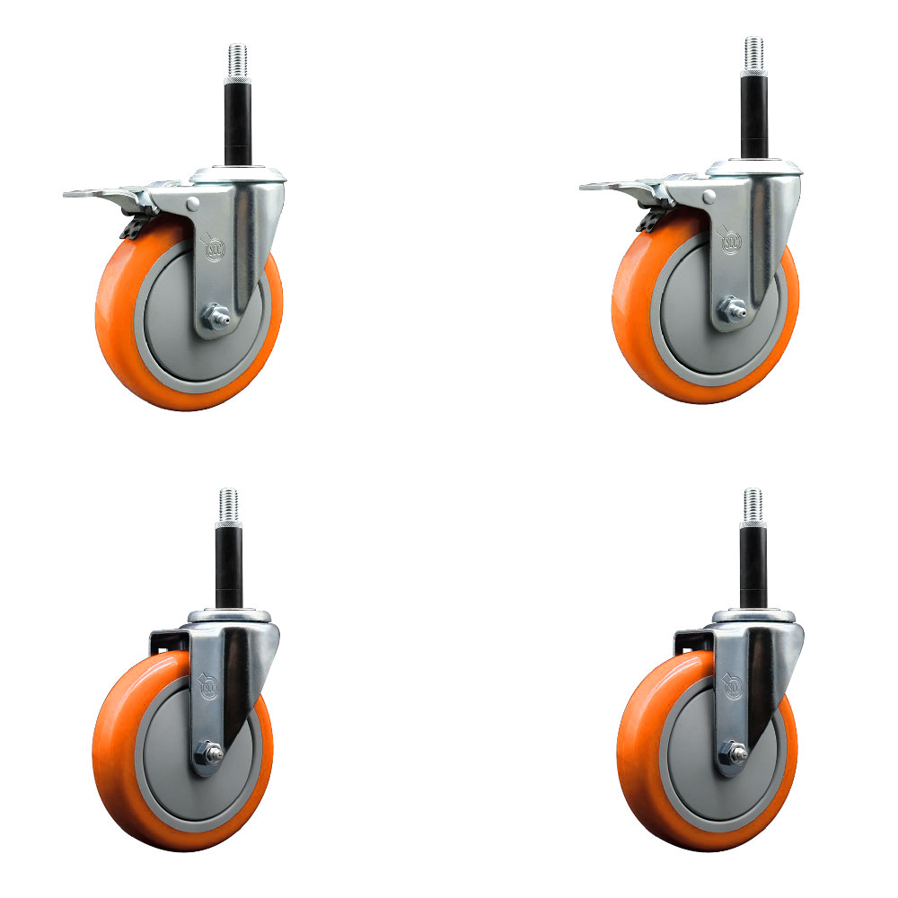 Polyurethane Swivel Stem Caster Set of 4 with 5 Inch Orange Caster Wheels - 3/4" Expanding Stem-316 Stainless Steel Casters - Includes 2 Swivel with Total Lock Brakes and 2 Swivel-Service Caster Brand — photo 1