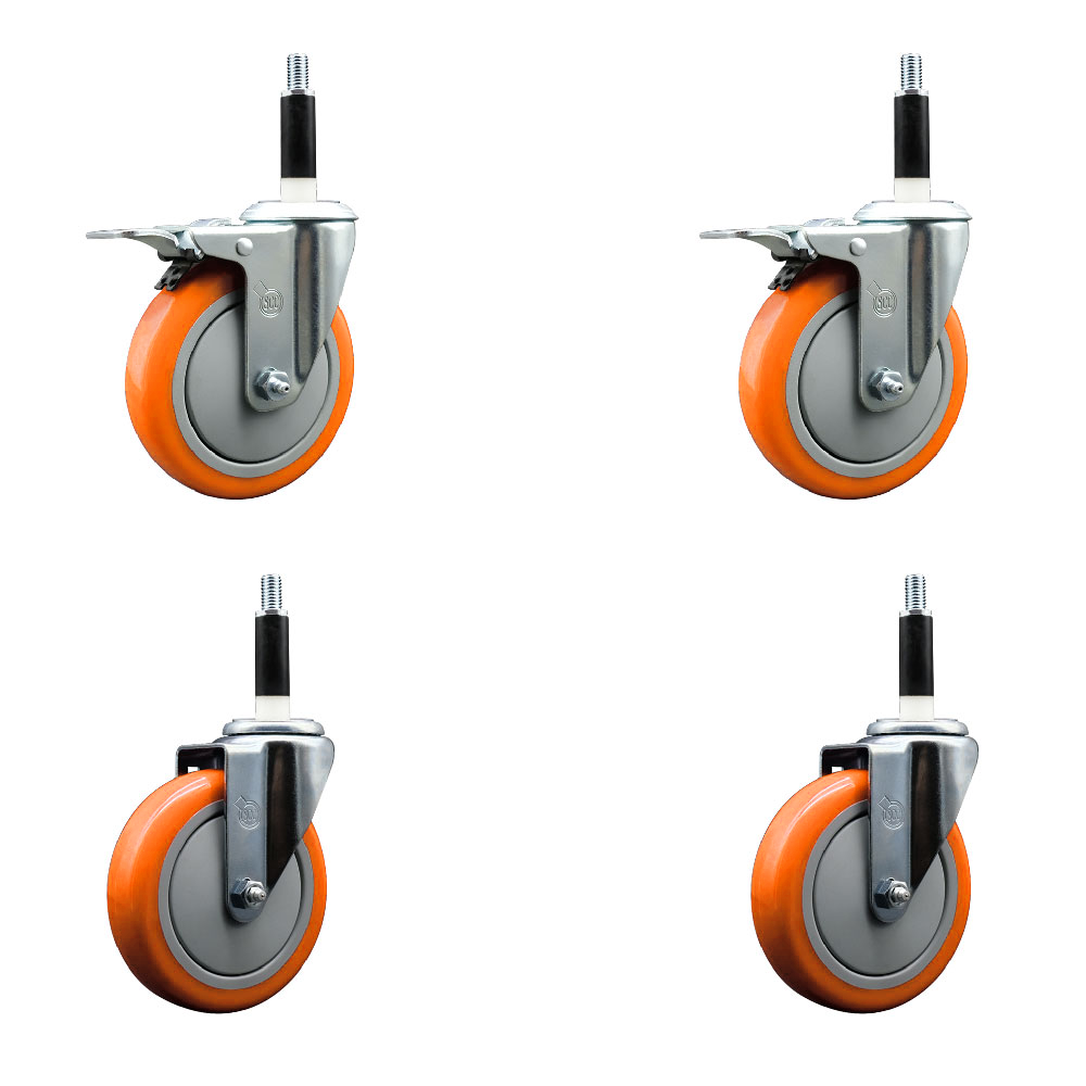Polyurethane Swivel Expanding Stem Caster Set of 4 with 5 Inch Orange Wheels and 7/8" Stems - Includes 2 with Total Locking Brakes - 1400 lbs Total Capacity - Service Caster Brand — photo 1