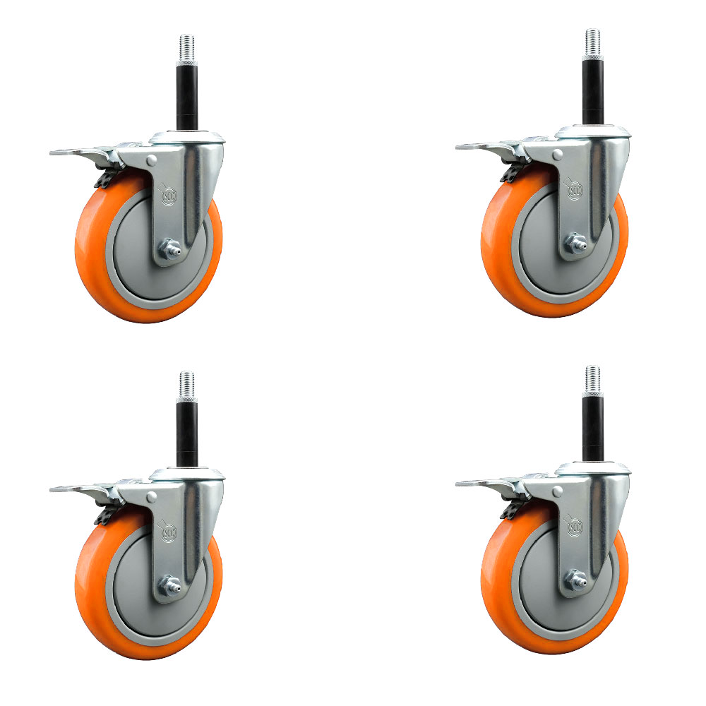 Polyurethane Swivel Expanding Stem Caster Set of 4 with 5 Inch Orange Wheels and 3/4" Stems - Includes 4 Swivel with Total Locking Brakes - 350 lbs. Capacity Per Caster - Service Caster Brand — photo 1
