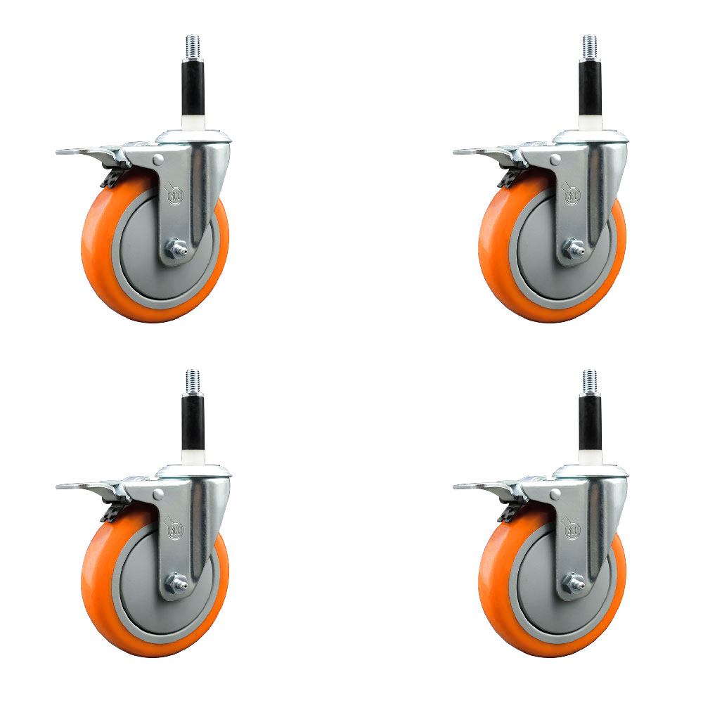 Polyurethane Swivel Expanding Stem Caster Set of 4 with 5 Inch Orange Wheels and 7/8" Stems - Includes 4 Swivel with Total Locking Brakes - 350 lbs. Capacity Per Caster - Service Caster Brand — photo 1