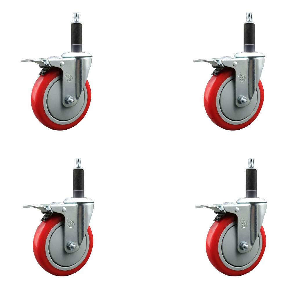 Polyurethane Swivel Expanding Stem Caster Set of 4 with 5 Inch Red Wheels and 1" Stems - Includes 4 Swivel with Total Locking Brakes - 350 lbs. Capacity Per Caster - Service Caster Brand — photo 1