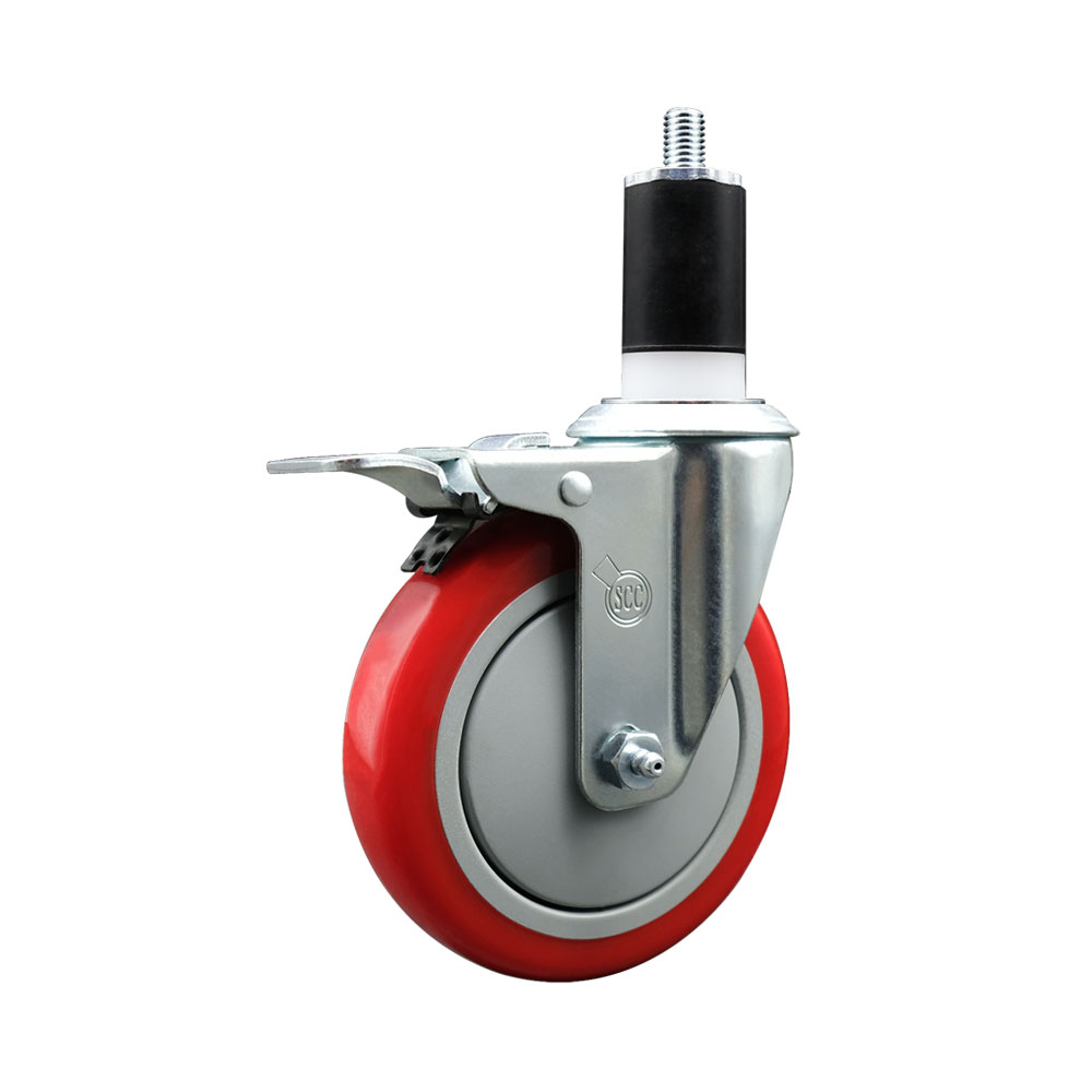 Stainless Steel Polyurethane Expanding Stem Swivel Caster with 5 Inch Red Wheel and 1-1/2" Stem & Total Locking Brake - 350 lbs. Capacity Per Caster - Service Caster Brand — photo 1
