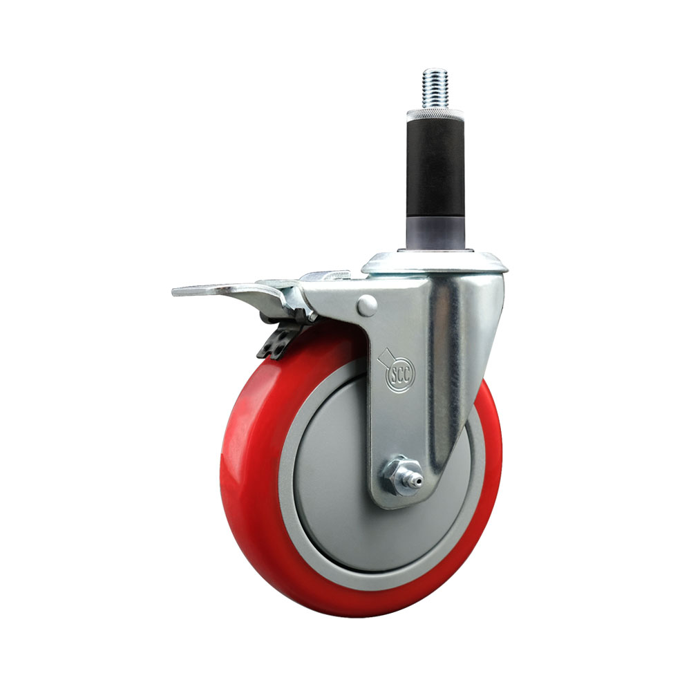 Stainless Steel Polyurethane Expanding Stem Swivel Caster with 5 Inch Red Wheel and 1-1/8" Stem & Total Locking Brake - 350 lbs. Capacity Per Caster - Service Caster Brand — photo 1