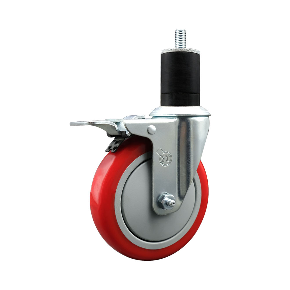 Stainless Steel Polyurethane Expanding Stem Swivel Caster with 5 Inch Red Wheel and 1-3/4" Stem & Total Locking Brake - 350 lbs. Capacity Per Caster - Service Caster Brand — photo 1