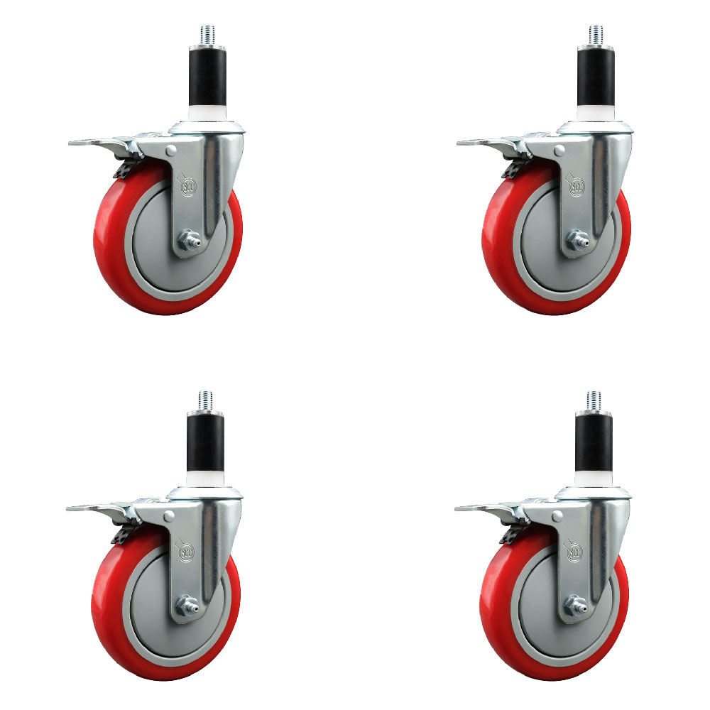Polyurethane Swivel Expanding Stem Caster Set of 4 with 5 Inch Red Wheels and 1-3/8" Stems - Includes 4 Swivel with Total Locking Brakes - 350 lbs. Capacity Per Caster - Service Caster Brand — photo 1