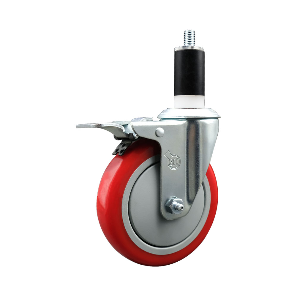Polyurethane Expanding Stem Swivel Caster with 5 Inch Red Wheel and 1-3/8" Stem & Total Locking Brake - 350 lbs. Capacity Per Caster - Service Caster Brand — photo 1