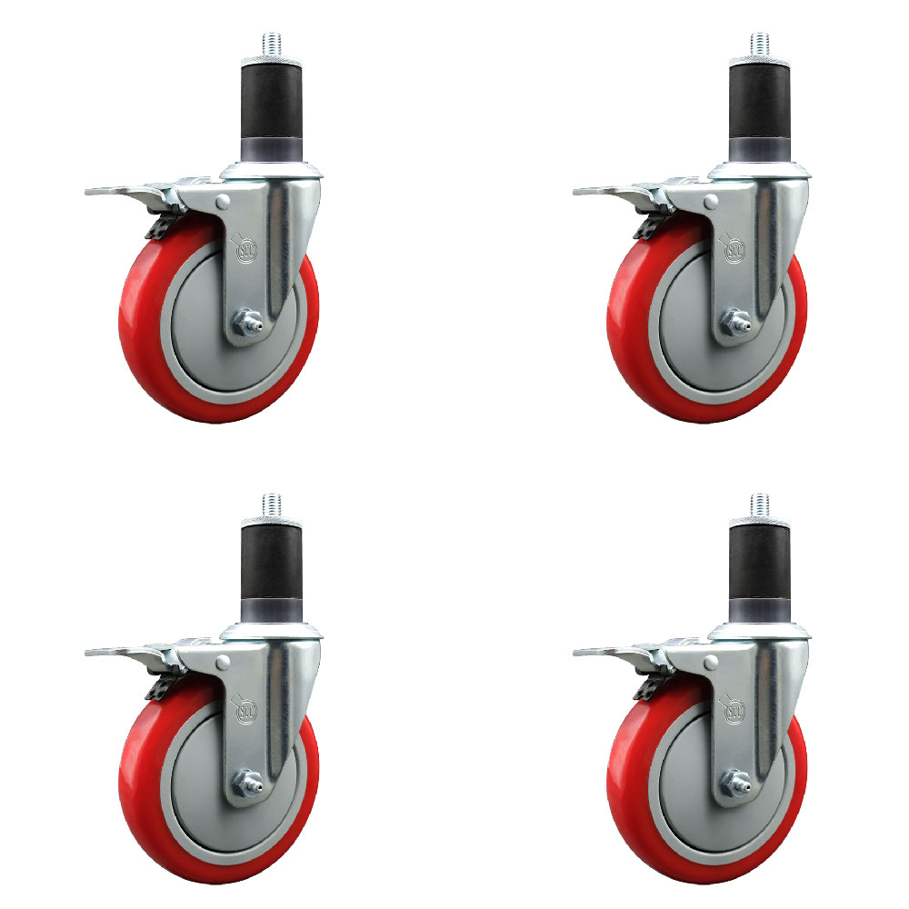 Stainless Steel Polyurethane Swivel Expanding Stem Caster Set of 4 with 5 Inch Red Wheels and 1-5/8" Stems - 4 Swivel with Total Locking Brakes - 350 lbs. Capacity Per Caster - Service Caster Brand — photo 1