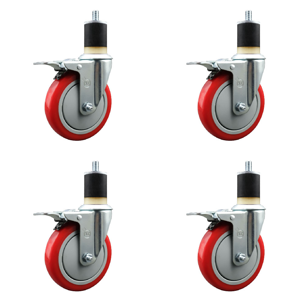 Polyurethane Swivel Expanding Stem Caster Set of 4 with 5 Inch Red Wheels and 1-7/8" Stems - Includes 4 Swivel with Total Locking Brakes - 350 lbs. Capacity Per Caster - Service Caster Brand — photo 1
