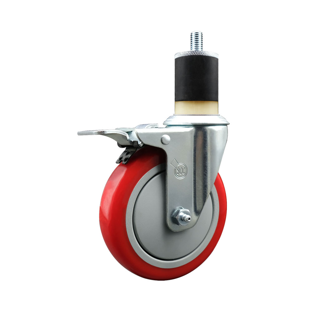 Stainless Steel Polyurethane Expanding Stem Swivel Caster with 5 Inch Red Wheel and 1-7/8" Stem & Total Locking Brake - 350 lbs. Capacity Per Caster - Service Caster Brand — photo 1