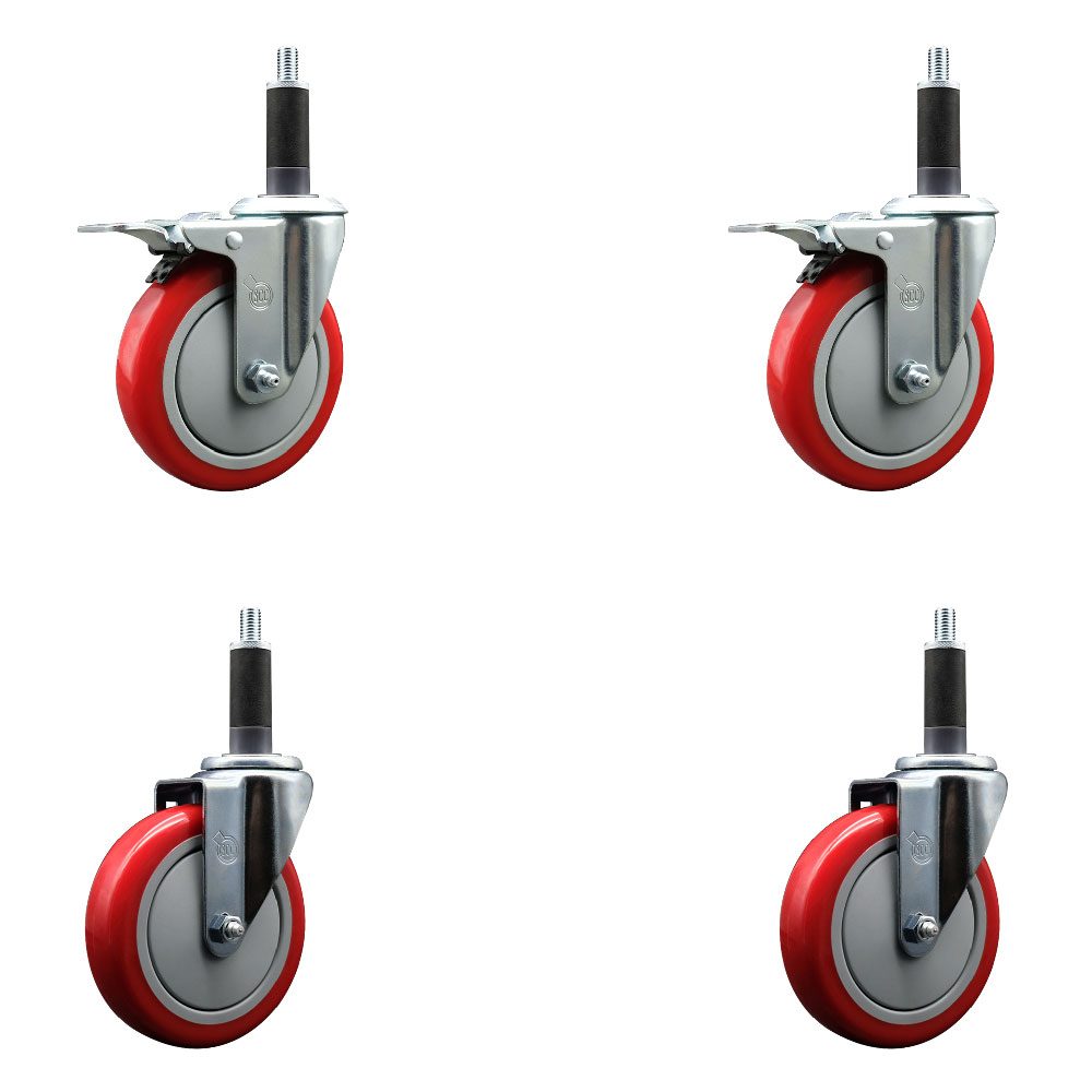 Stainless Steel Polyurethane Swivel Expanding Stem Caster Set of 4 with 5 Inch Red Wheels and 1" Stems - Includes 2 with Total Locking Brakes - 1400 lbs Total Capacity - Service Caster Brand — photo 1