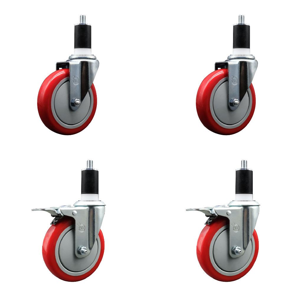 Polyurethane Swivel Expanding Stem Caster Set of 4 with 5 Inch Red Wheels and 1-1/2" Stems - Includes 2 with Total Locking Brakes - 1400 lbs Total Capacity - Service Caster Brand — photo 1