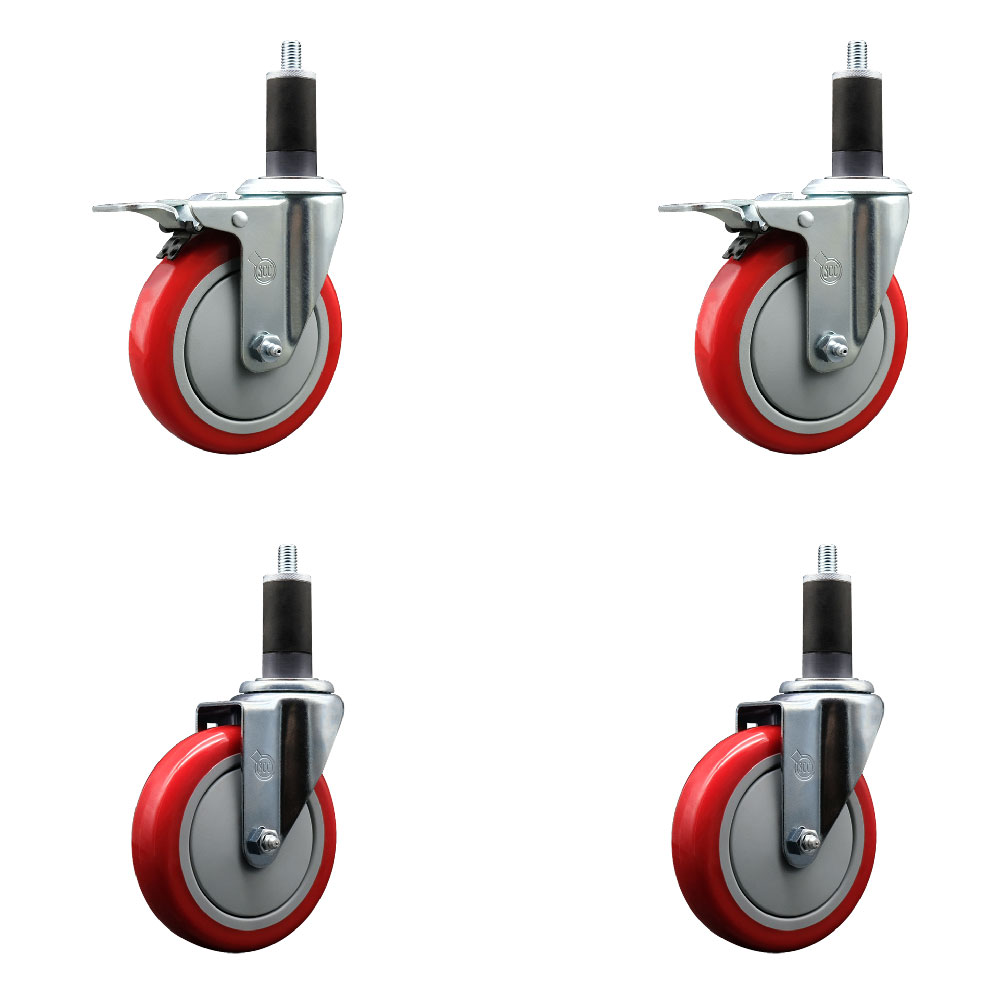Polyurethane Swivel Expanding Stem Caster Set of 4 with 5 Inch Red Wheels and 1-1/4" Stems - Includes 2 with Total Locking Brakes - 1400 lbs Total Capacity - Service Caster Brand — photo 1