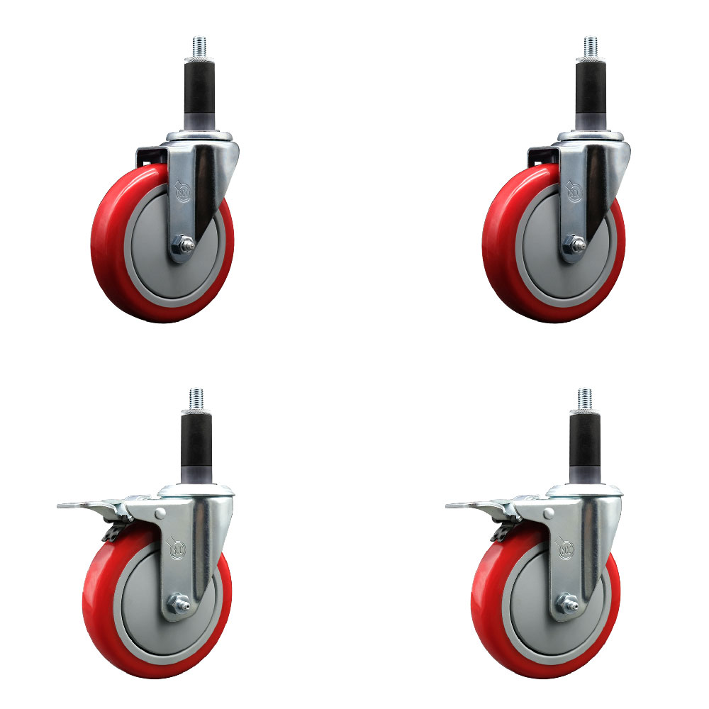 Polyurethane Swivel Expanding Stem Caster Set of 4 with 5 Inch Red Wheels and 1-1/8" Stems - Includes 2 with Total Locking Brakes - 1400 lbs Total Capacity - Service Caster Brand — photo 1