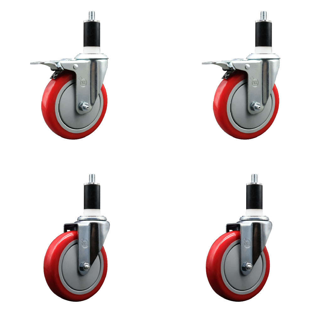 Stainless Steel Polyurethane Swivel Expanding Stem Caster Set of 4 with 5 Inch Red Wheels and 1-3/8" Stems - Includes 2 with Total Locking Brakes - 1400 lbs Total Capacity - Service Caster Brand — photo 1