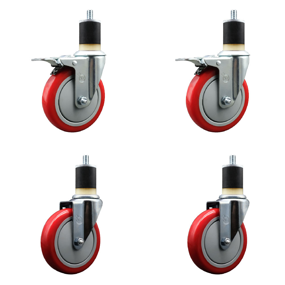 Polyurethane Swivel Expanding Stem Caster Set of 4 with 5 Inch Red Wheels and 1-7/8" Stems - Includes 2 with Total Locking Brakes - 1400 lbs Total Capacity - Service Caster Brand — photo 1