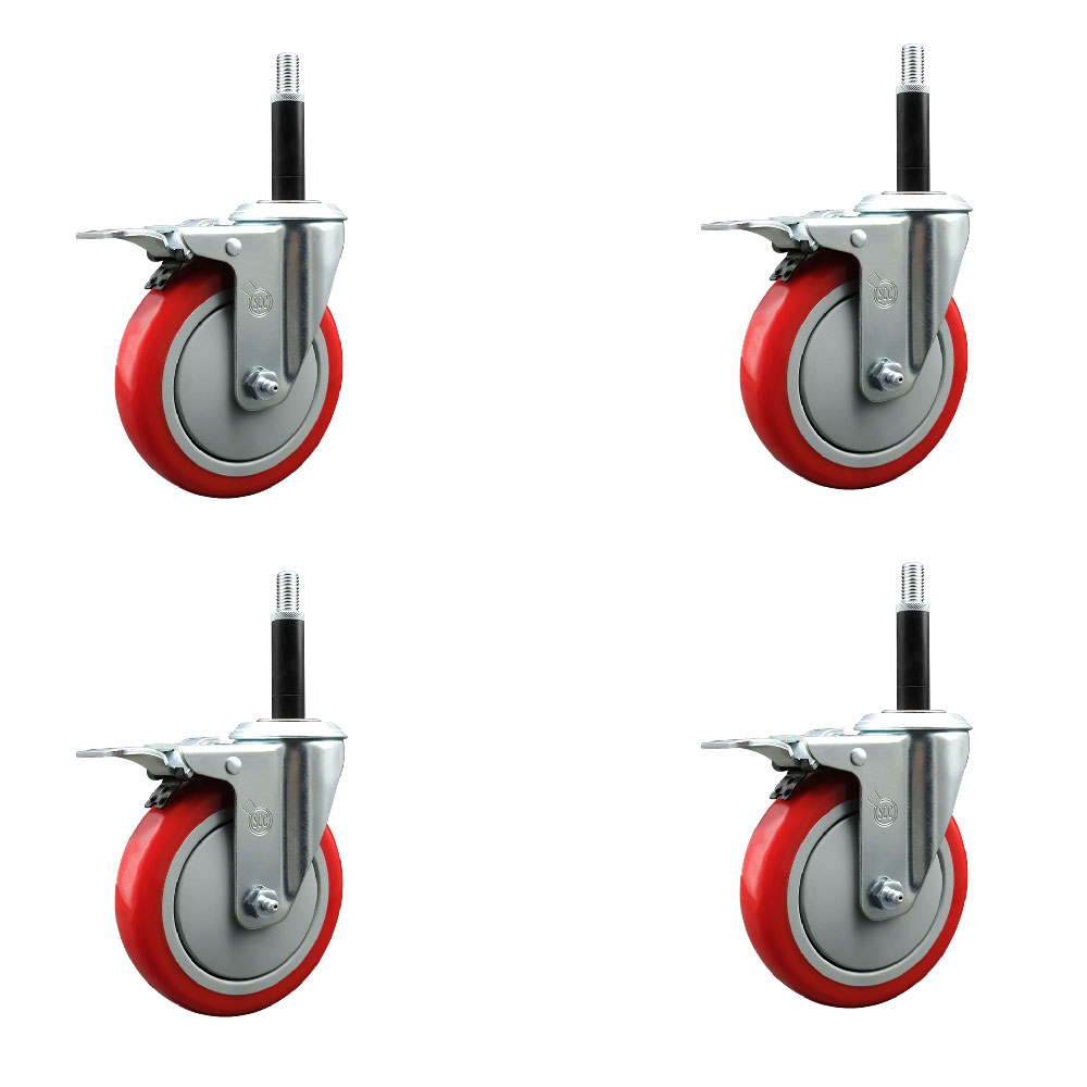 Stainless Steel Polyurethane Swivel Expanding Stem Caster Set of 4 with 5 Inch Red Wheels and 3/4" Stems - 4 Swivel with Total Locking Brakes - 350 lbs. Capacity Per Caster - Service Caster Brand — photo 1