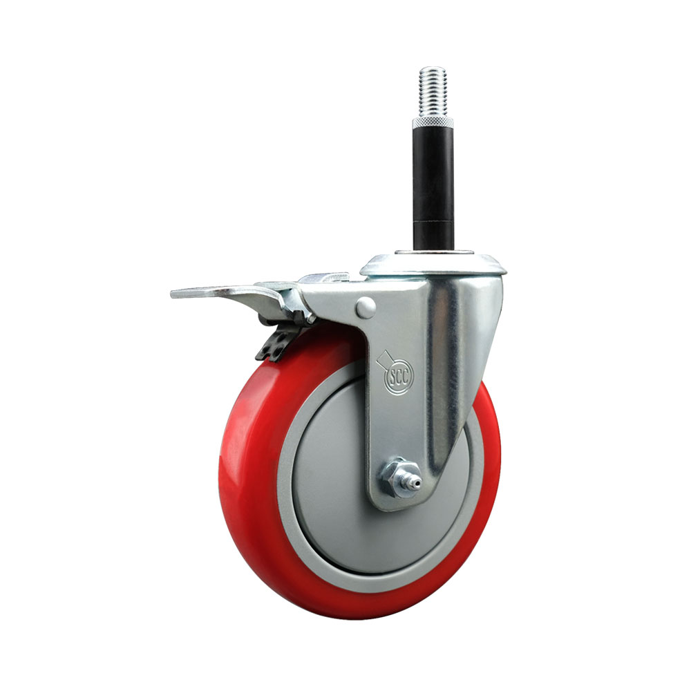 Stainless Steel Polyurethane Expanding Stem Swivel Caster with 5 Inch Red Wheel and 3/4" Stem & Total Locking Brake - 350 lbs. Capacity Per Caster - Service Caster Brand — photo 1