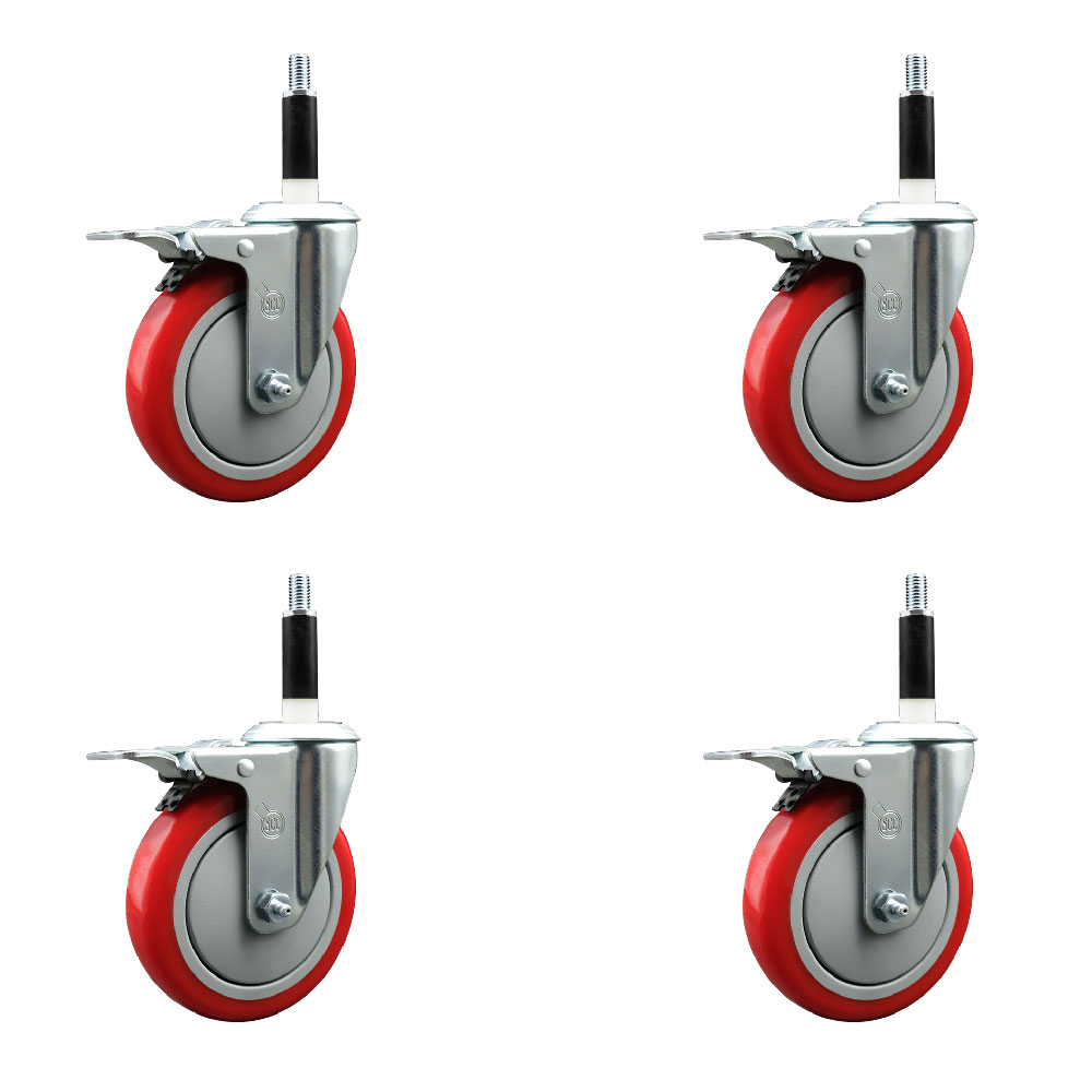Polyurethane Swivel Expanding Stem Caster Set of 4 with 5 Inch Red Wheels and 7/8" Stems - Includes 4 Swivel with Total Locking Brakes - 350 lbs. Capacity Per Caster - Service Caster Brand — photo 1