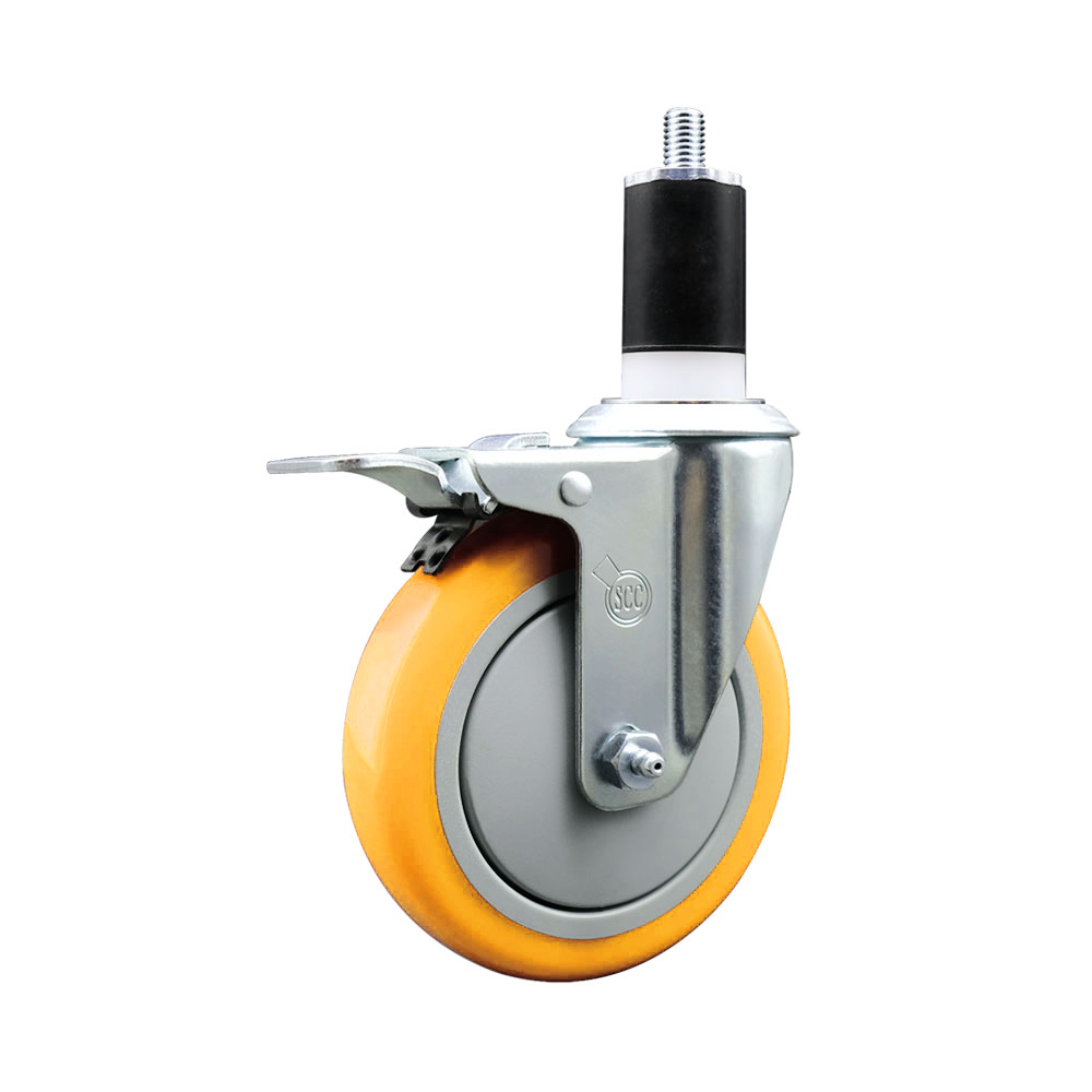 Stainless Steel Polyurethane Expanding Stem Swivel Caster with 5 Inch Yellow Wheel and 1-1/2" Stem & Total Locking Brake - 350 lbs. Capacity Per Caster - Service Caster Brand — photo 1