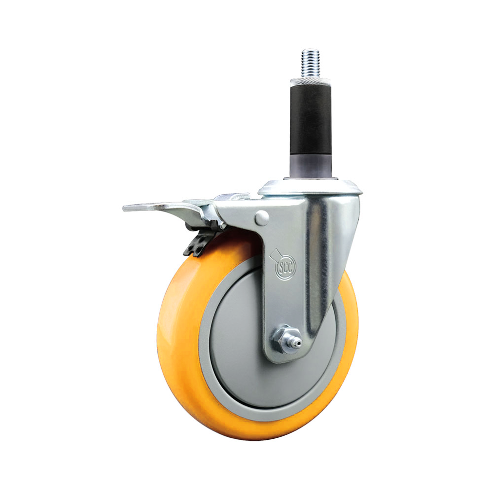 Polyurethane Swivel Stem Caster with 5 Inch Yellow Caster Wheel and Total Lock Brake - 1-1/8" Expanding Stem - 316 Stainless Steel Caster - 350 lbs. Capacity Per Caster - Service Caster Brand — photo 1