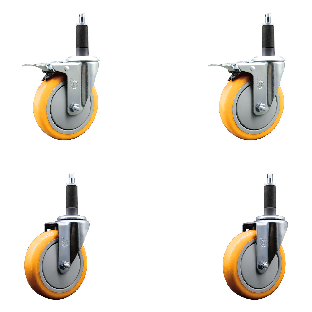 Polyurethane Swivel Stem Caster Set of 4 with 5 Inch Yellow Caster Wheels - 1" Expanding Stem-316 Stainless Steel Casters - Includes 2 Swivel with Total Lock Brakes and 2 Swivel - Service Caster Brand — photo 1
