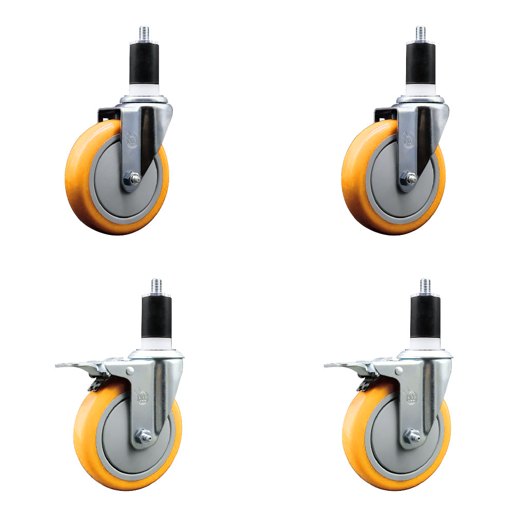 Polyurethane Swivel Stem Caster Set of 4 with 5 Inch Yellow Caster Wheels - 1-1/2" Expanding Stem-316 Stainless Steel Casters-Includes 2 Swivel with Total Lock Brakes and 2 Swivel-Service Caster Brand — photo 1