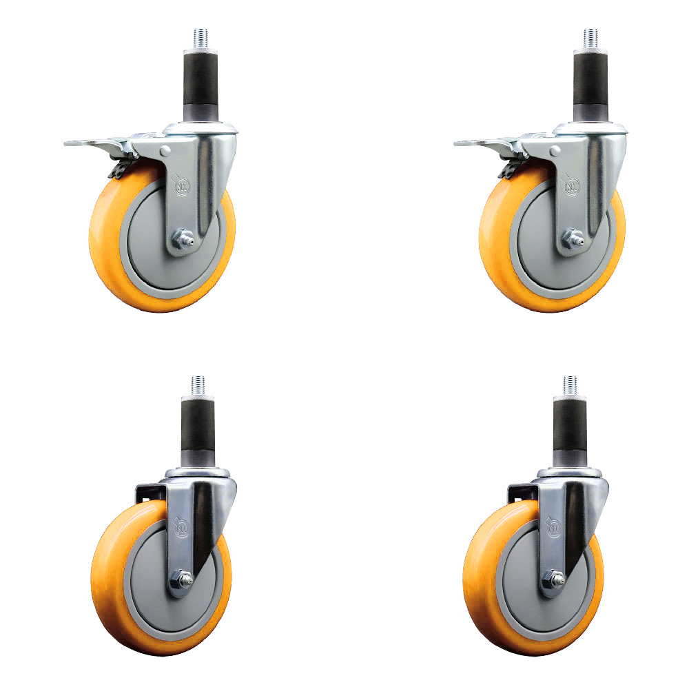 Stainless Steel Polyurethane Swivel Expanding Stem Caster Set of 4 with 5 Inch Yellow Wheels and 1-1/4" Stems - Includes 2 with Total Locking Brakes - 1400 lbs Total Capacity - Service Caster Brand — photo 1