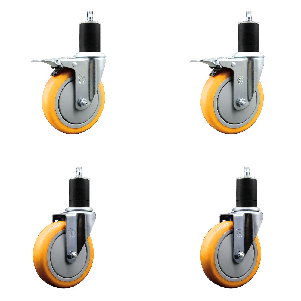 Polyurethane Swivel Stem Caster Set of 4 with 5 Inch Yellow Caster Wheels - 1-3/4" Expanding Stem-316 Stainless Steel Casters-Includes 2 Swivel with Total Lock Brakes and 2 Swivel-Service Caster Brand — photo 1