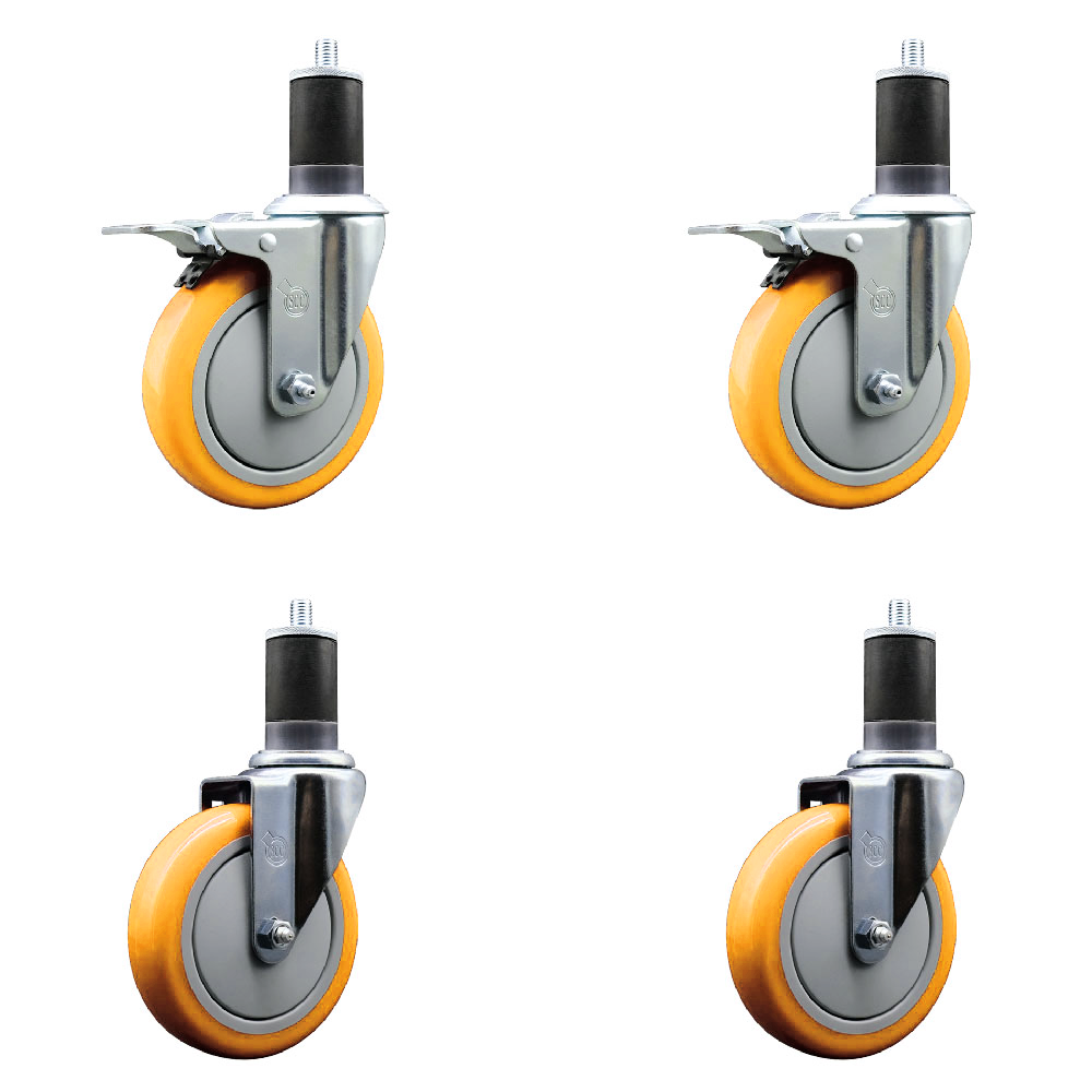 Polyurethane Swivel Expanding Stem Caster Set of 4 with 5 Inch Yellow Wheels and 1-5/8" Stems - Includes 2 with Total Locking Brakes - 1400 lbs Total Capacity - Service Caster Brand — photo 1