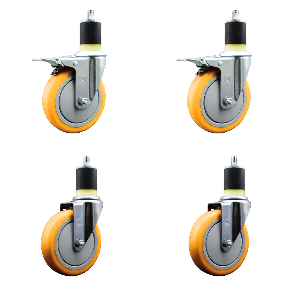 Polyurethane Swivel Expanding Stem Caster Set of 4 with 5 Inch Yellow Wheels and 1-7/8" Stems - Includes 2 with Total Locking Brakes - 1400 lbs Total Capacity - Service Caster Brand — photo 1